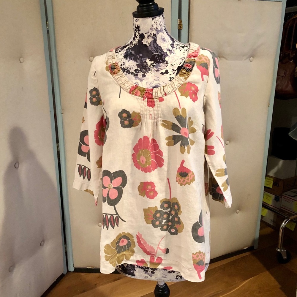 Boden Linen Tan Floral Print Side Zip Tunic Top